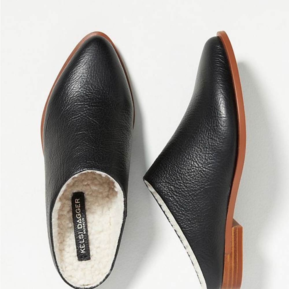 Kelsi Dagger Black Leather Mules with Tan Sole